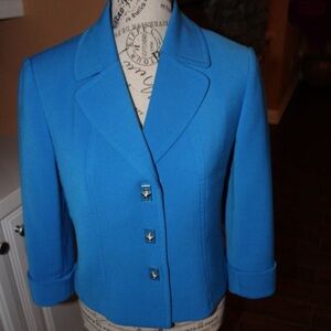 Tahari Azure Blue Blazer, silver deco buttons, cuffed sleeves